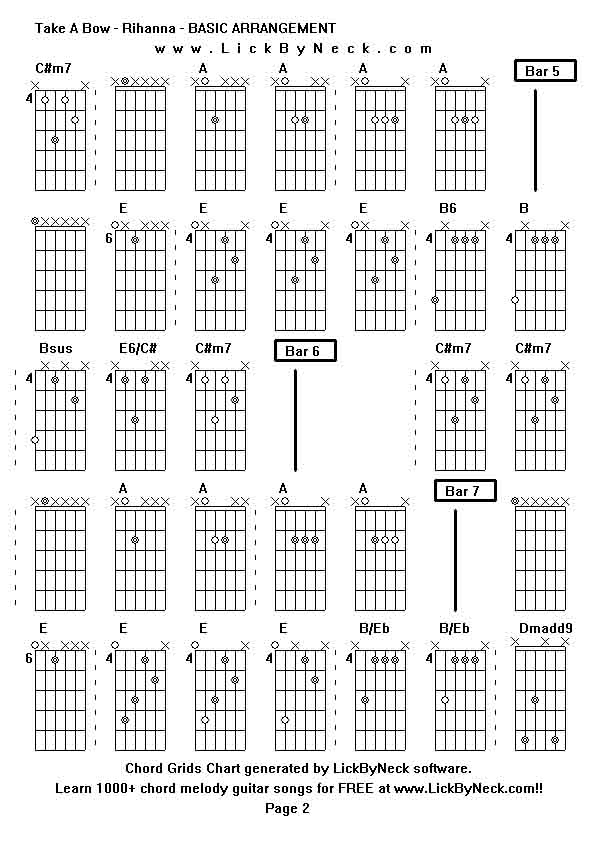 Chord Grids Chart of chord melody fingerstyle guitar song-Take A Bow - Rihanna - BASIC ARRANGEMENT,generated by LickByNeck software.